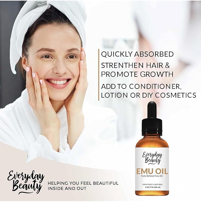 Pure Australian Emu Oil - All Natural 6X Refined for Face, Skin and Hair - Highly Effective Hydration for Sensitive Skin & Hair Growth Perfect for Scars & Blemishes - 2.02 Fl Oz Glass Bottle & Dropper