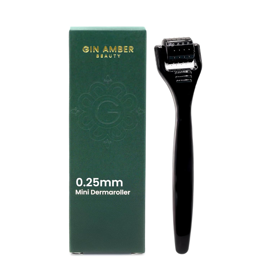 Gin Amber Beauty Mini Derma roller (0.25mm) - 48 Real Individual Needles, Microdermabrasion Device for Skin Care, Serum Absorption with Microneedling, Tool, Hygienic Case (Black Mini 0.25mm)