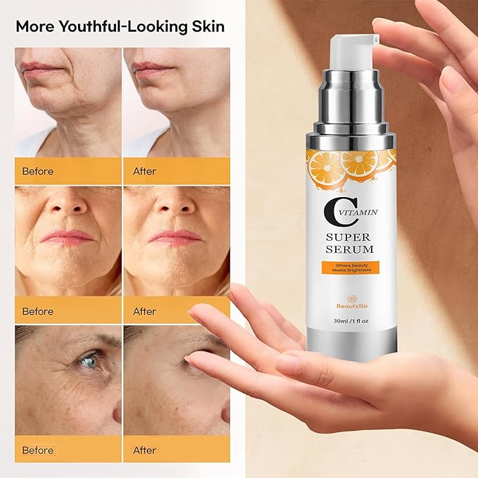 Super Vitamin C Face Serum for Mature Skin: Hyaluronic Serum for Dark Spots Fine Lines Wrinkles All-in-One Formula Hydrates Firm Smooth Age-Defying Serum for Women Over 50-1 fl oz