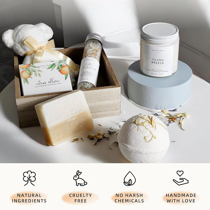 Natural Amor Handmade Spa Gifts for Women, Relaxing 5pcs Spa Gift Set for Women Including Citrus Handmade Soap Bar, Soy Candle, Bath Salt, Bath Bomb