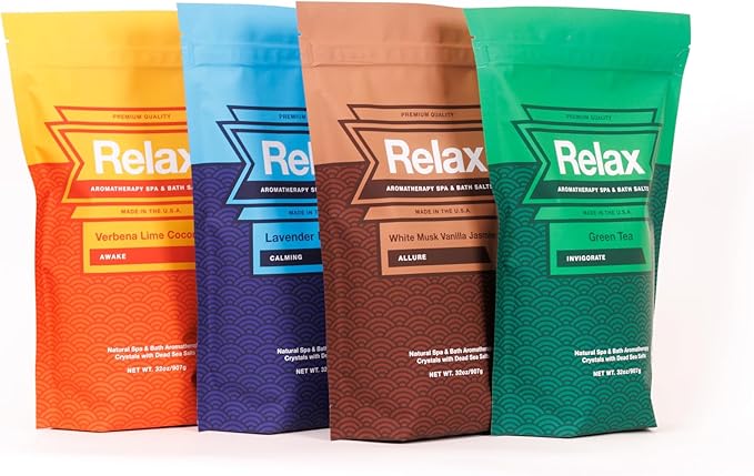 Relax Spa & Bath, Epsom & Dead Sea Salts, Aromatherapy Bath Salts for Hot Tub, Bath, or Spa, Infused with Magnesium, 4 Pack, Escape Therapy