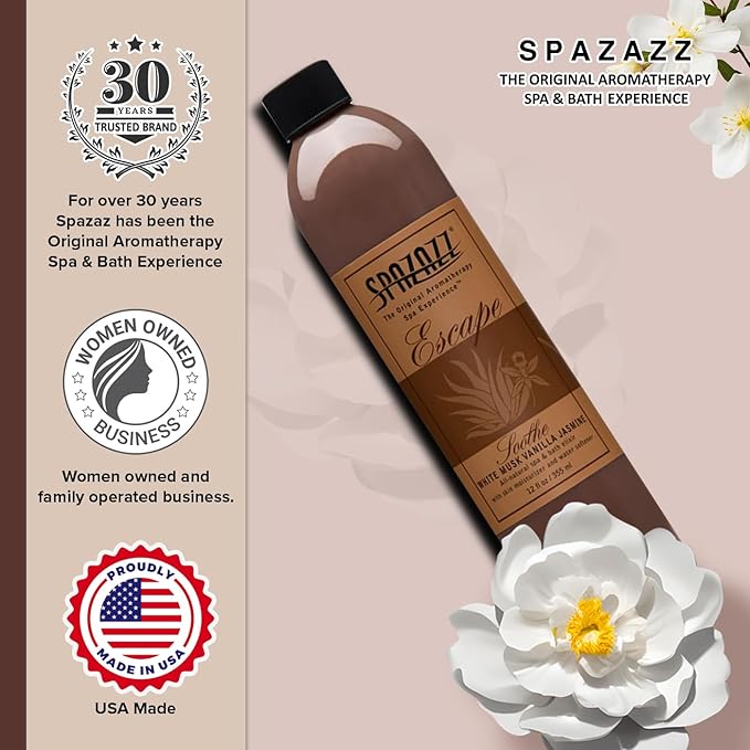 Spazazz SPZ-127 Escape Aromatherapy Elixir Bottle, 12-Ounce, White Musk Jasmine Vanilla Soothe