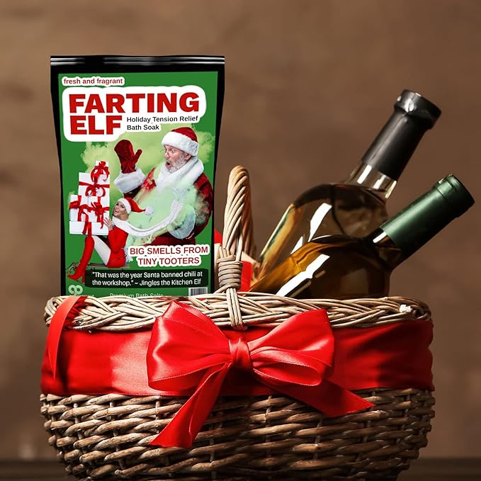 Farting Elf Bath Salts Soak - Holiday Stress Relief Gag Gift for Adults - Funny Christmas Gifts for Friends - Fresh and Fragrant White Elephant Stocking Stuffer, Pink Rose