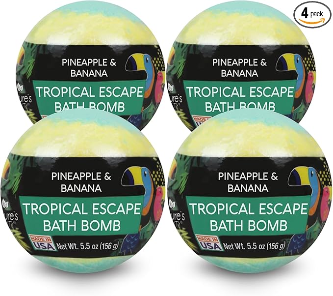 Nature's Beauty Tropical Escape, Pineapple & Coconut Scent Bath Bomb Multi-Pack - Natural Hand Crafted, Luxury Spa Bomb, Nourish Dry Skin, Made w/Coconut Oil + Witch Hazel, 5.5 oz (4 Pack)