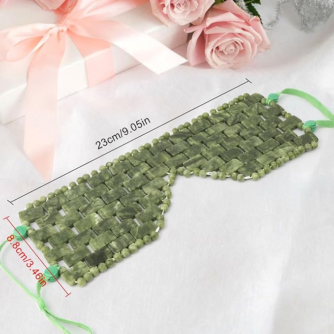 Jade Eye Mask,Large Facial Cooling Mask with Green Ear Strings 100% Real Jade for Hot & Cold Therapy,Green Jade Facial Eyes Sleeping Mask Relief Eye Cover
