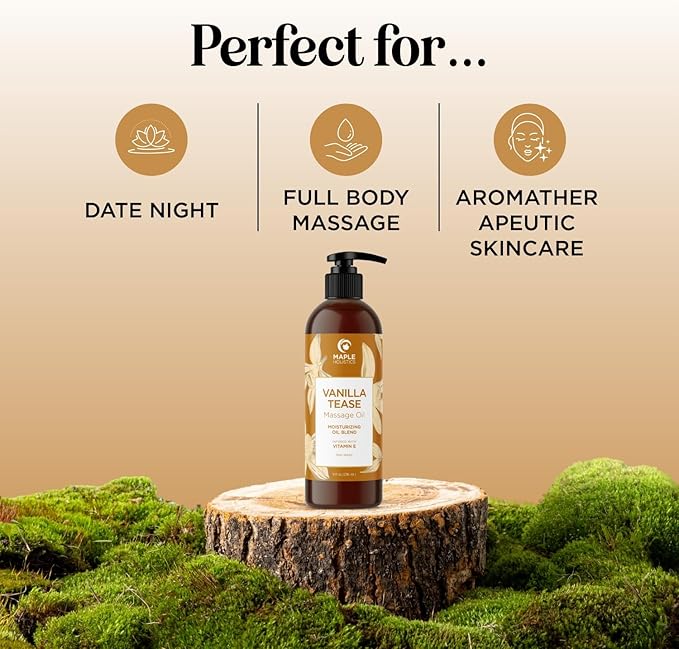 Vanilla Sensual Massage Oil for Couples - Irresistible Full Body Massage Oil for Date Night with Smooth Gliding Coconut and Sweet Almond Oil with Dreamy Vanilla Scent - Non GMO Gluten Free and Vegan