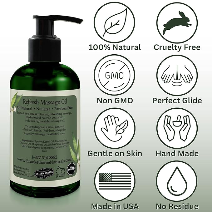 Refresh Massage Oil for Massage Therapy with Eucalyptus & Peppermint Essential Oils - All Natural Sore Muscle Relief. Ideal for Full Body Relaxation – Nut Free Formula 8oz