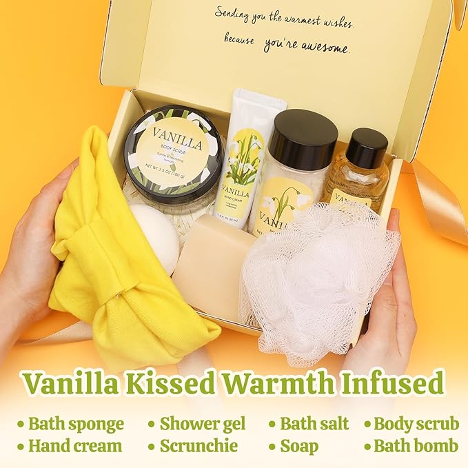Gift Set for Women 8Pcs Bath and Body Gift Baskets for Women, Vanilla Self Care Gift Ideas Birthday Gifts Mothers Day, Christmas Gifts