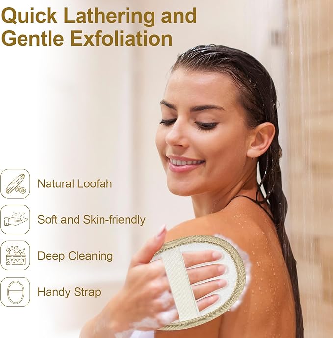 Loofah Exfoliating Body Scrubber (2 Pack), Natural Body Scrubbers for Shower Exfoliator, 100% Natural Lufa Bath Scrub Loofa Sponge Pad, Large Lufas for Men and Women Loufa Biodegradable Luffa Beige