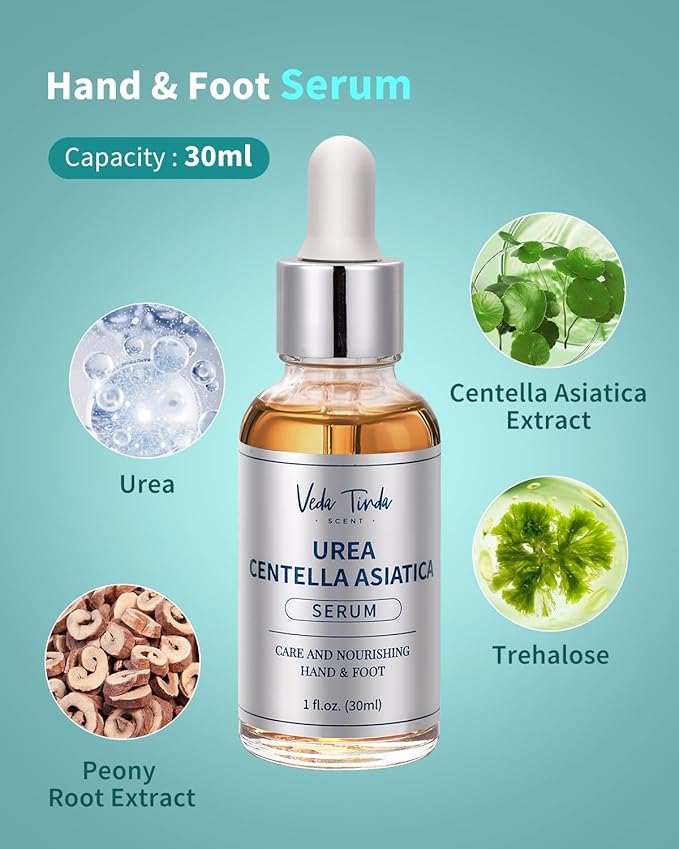 VTS Foot and Hand Care Kit - Includes Tea Tree Oil, Salt Scrub, Serum, Urea Cream 40 Percent, Moisturizing Heel Socks - Home Pedicure Spa Kit for Dry Cracked Heels Feet Knees Elbows Hands