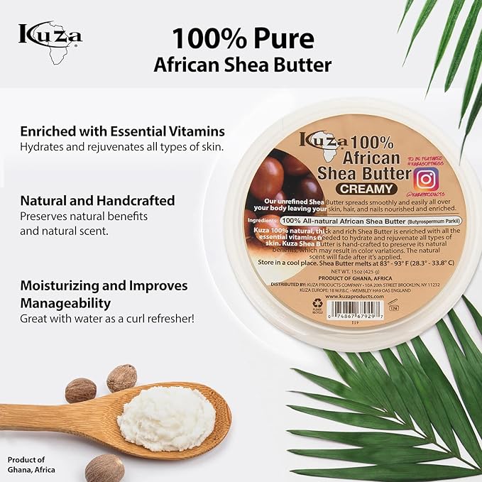 Kuza 100% Pure African Shea Butter with Borututu, White Creamy - 15oz. - Moisturizer for Hair, Skin & Nails