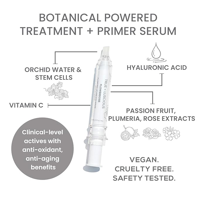 True + Luscious Flowerdose Lip & Eye Serum - Plumping & Hydrating Treatment with Hyaluronic Acid & Orchid Stem Cells - Clean Beauty Anti-Aging Formula for Dark Circles & Fine Lines - 0.5 oz