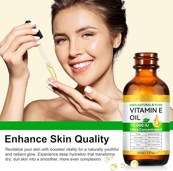 2PCS Vitamin E Oil for Skin Blend 75,000 IU, Natural Organic Vitamin E oil for Scars, Hair & Face (2 Fl Oz) - Non GMO, Cold Pressed, Cruelty Free Skin Repair & Moisturizing Solution, Easy to Absorbed