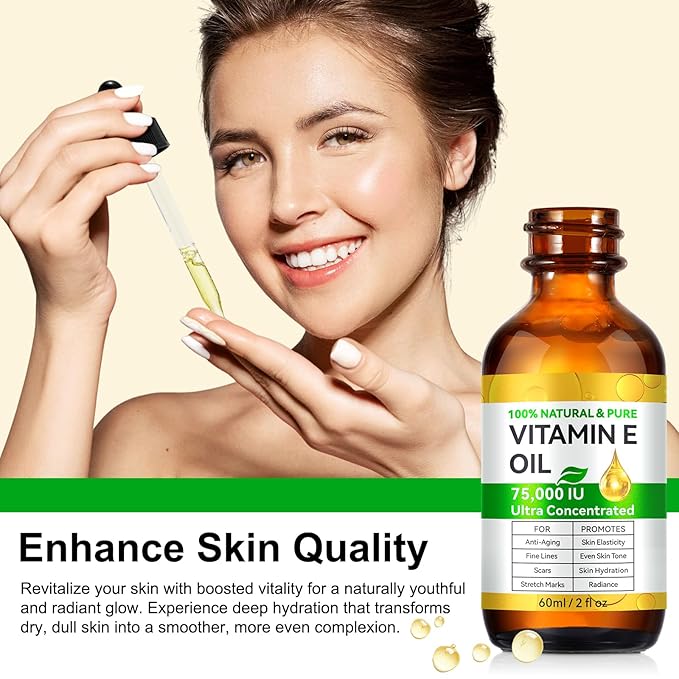 Vitamin E Oil Blend 75,000 IU, Pure Vitamin E Oil for Skin, Face and Scars, Body Bath Oils Moisturizing Dry Skin, Easy to Absorb, 2Fl Oz