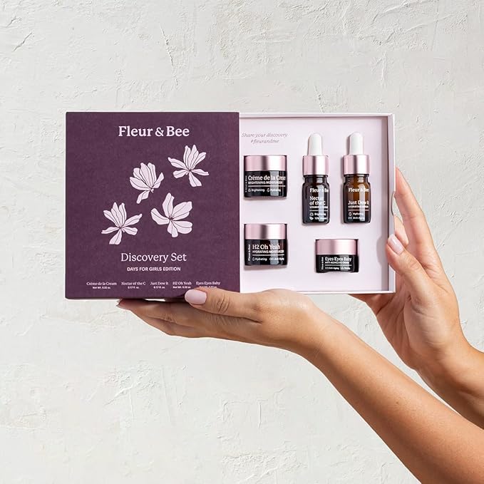 Fleur & Bee Skincare Set, Discovery Set, 5 Deluxe Minis Moisturizers, Serums, Eye Cream | Skin Care Gift Set Vegan & Cruelty-Free | Travel Friendly