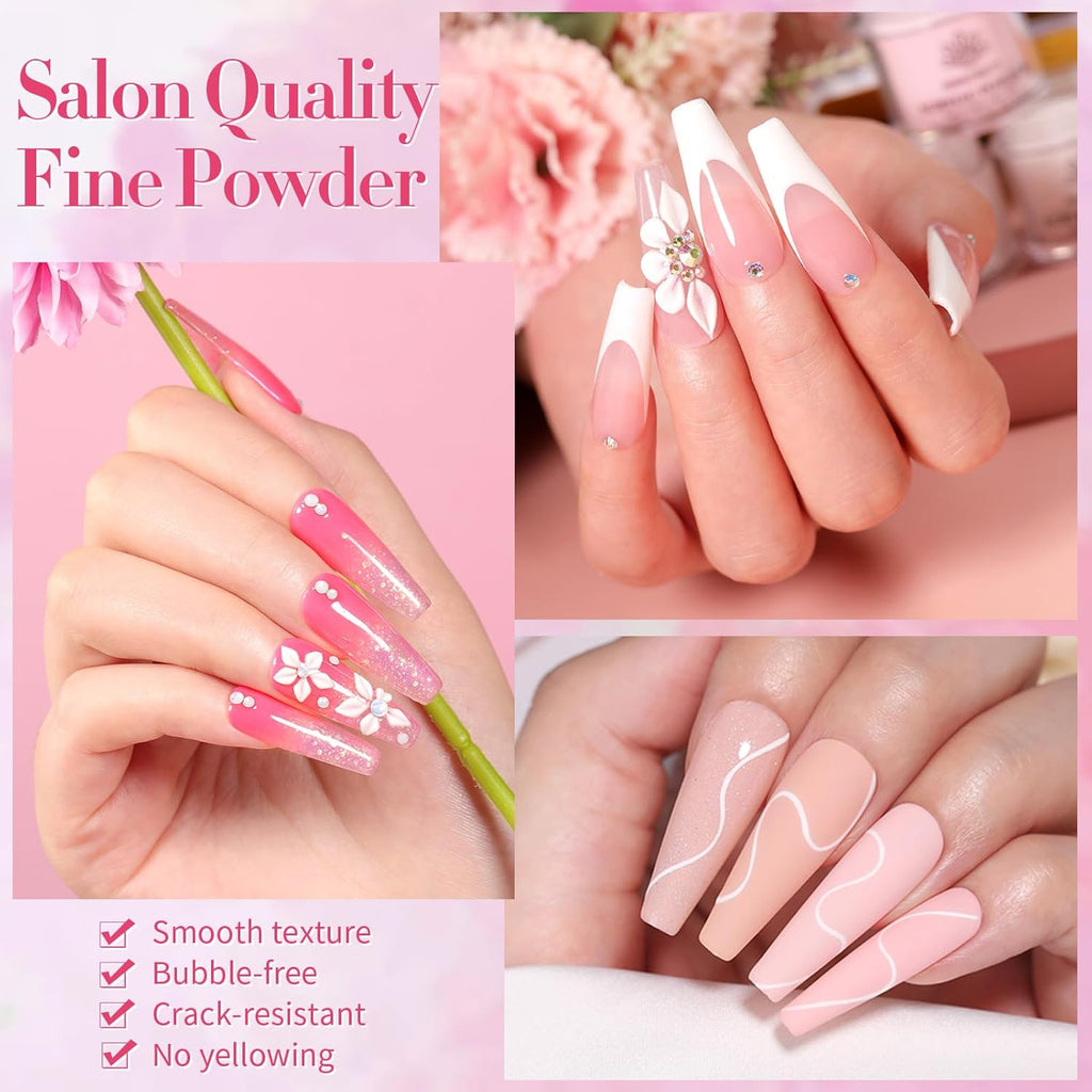 BORN PRETTY Acrylic Nail Kits Full Set,87PCs Pink White Clear Glitter Grey Acrylic Powder and Liquid Set for Beginners,with Nail Pre Dehydrator Nail Primer Nail Tips