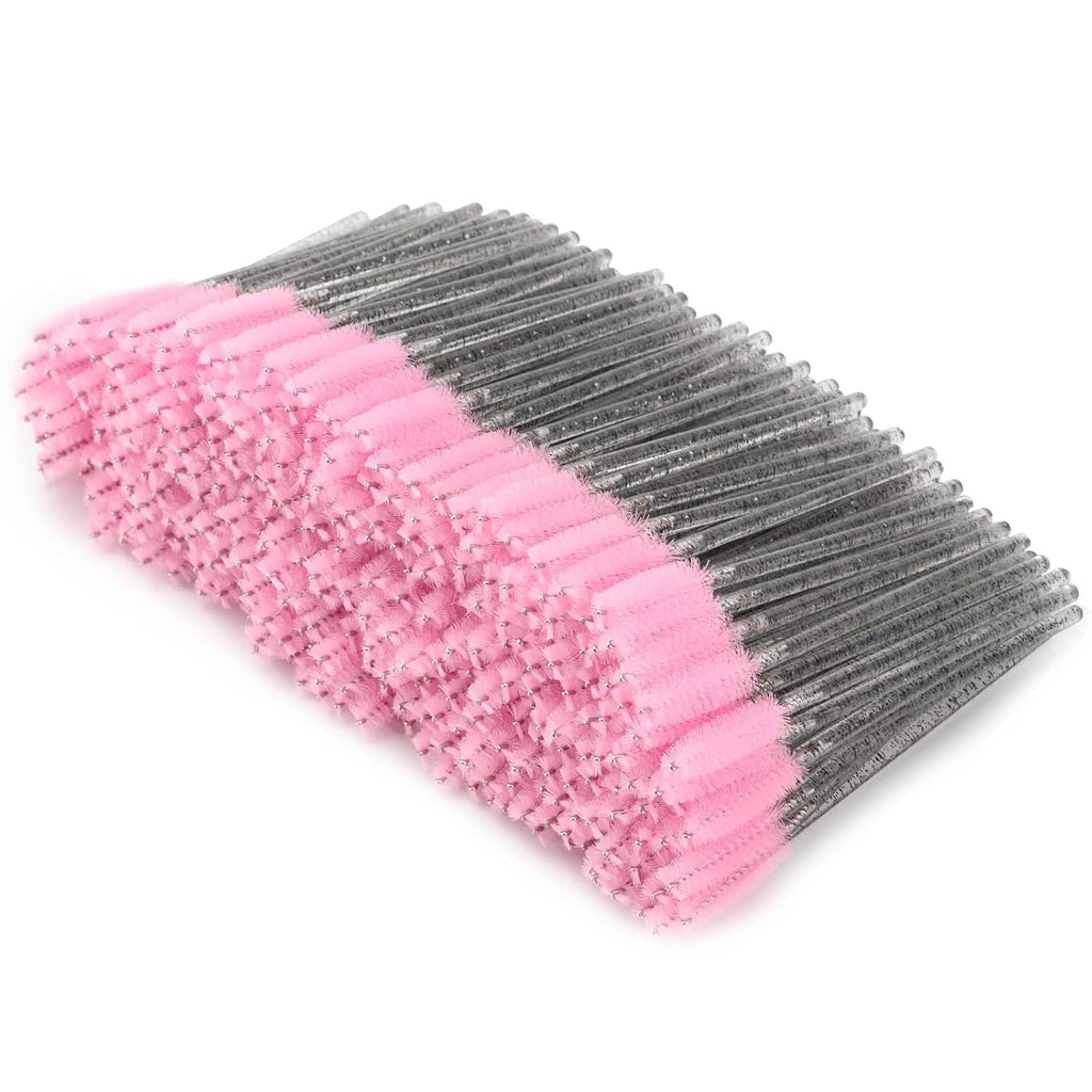 Tbestmax 300 Pcs Disposable Spoolies, Mascara Wand Eyelashes Brushes Applicator for Eyebrow Eye Lash Extension Black Stick Pink Head