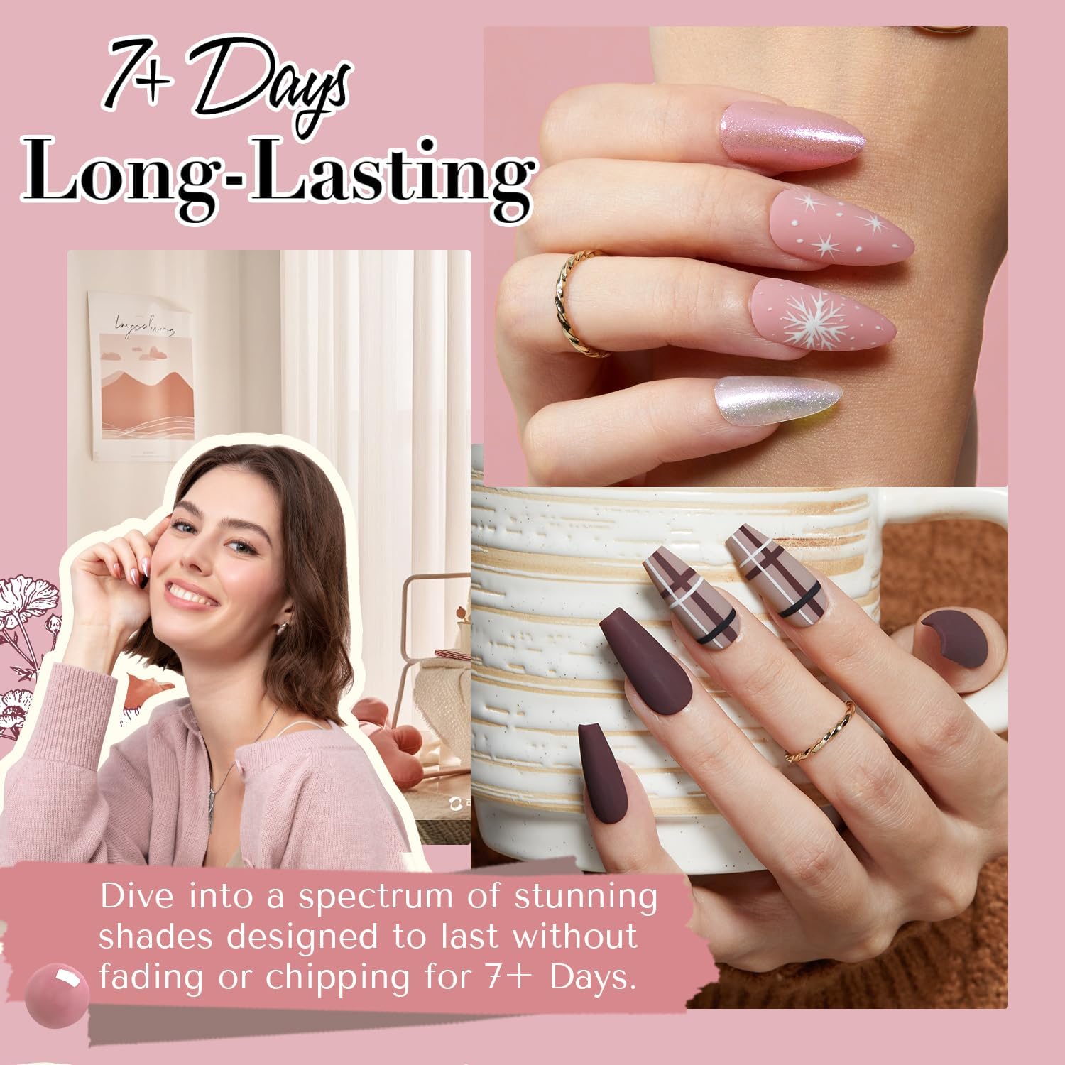 AZUREBEAUTY Nail Polish Set 4 Colors Pink Nude Glitter Nail Polish Quick Dry Natural Nail Lacquer Fingernail Kit with Top Coat DIY Salon Home