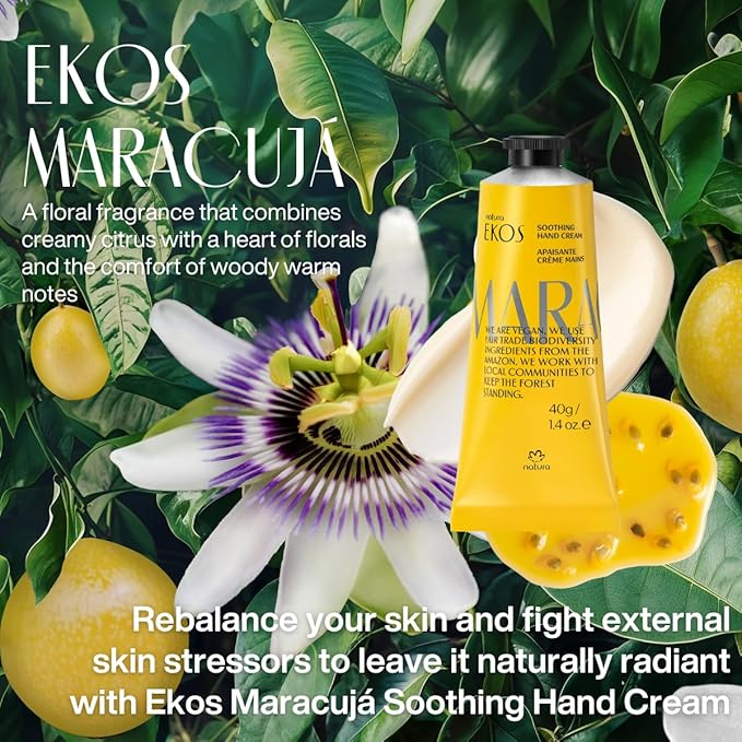 natura Ekos Maracujá Soothing Ritual Gift Set (3 Products) - Body Lotion, Shower Oil and Hand Cream - Gift Box and Make Up Bag - Vegan Skincare - Brazilian Beauty Secrets - Self Care & Body Care