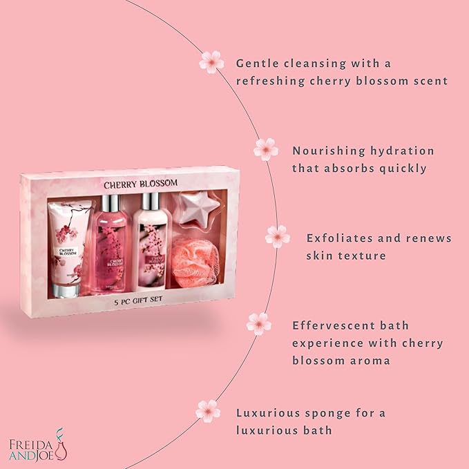 Freida & Joe Fragrance Bath & Body Collection Gift Box, Includes Shower Gel, Body Lotion, Body Scrub, Bath Bomb & Sponge (Japanese Cherry Blossom)