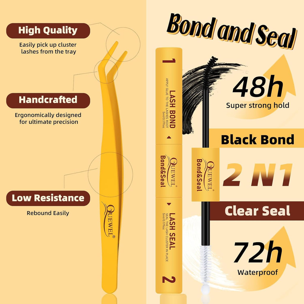 QUEWEL DIY-Lash-Extension-Kit, 280pcs 60+80+100D Lash-Clusters Mixed 10-16mm Thick Lash-Clusters-Kit with Lash Bond and Seal, and Cluster Lashes Tweezers Easy DIY at Home(60+80+100 KIT)