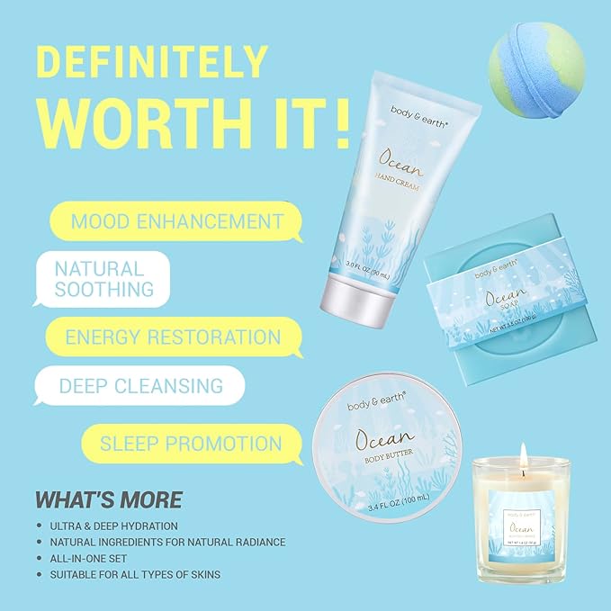 Gifts for Women, Bath and Body Womens Gift Sets with 5 Pcs Ocean Scented Spa Gifts for Women Bath Gift with Scented Candle Body Butter Hand Cream Bath Bomb Mothers Day Gifts