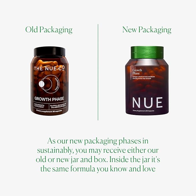 The Nue Co. GROWTH Phase Supplement, Supports Hair Growth, Reduces Breakage, Thicker & Fuller Hair, Contains Vitamins, Reishsi Mushrooms, Proteins & Adaptogens, Vegan, Gluten Free, 30 Capsules