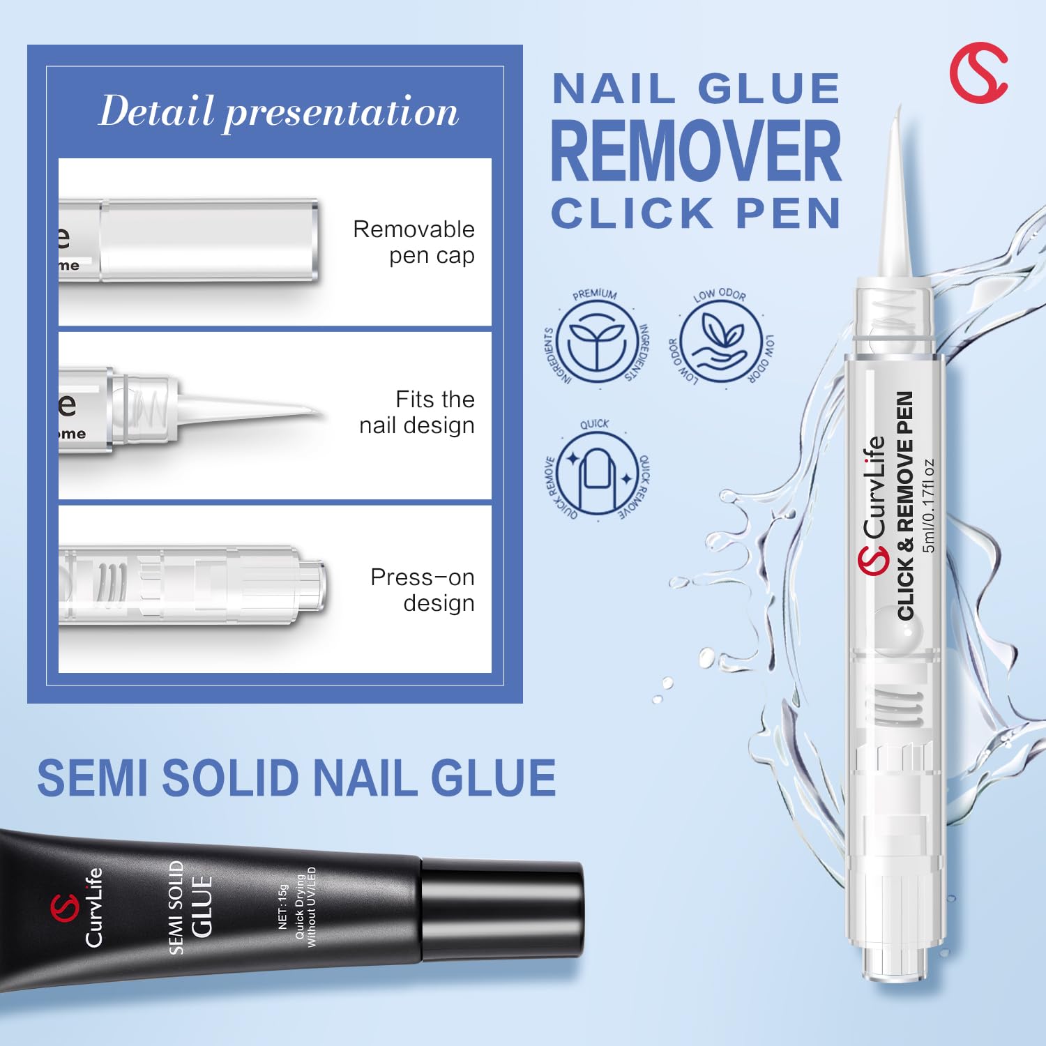 Curvlife 15g Semi Solid Nail Glue Gel with 5ml 3 in 1Nail Glue Remover, No Need for Uv Light, Gel for Press On Nails, Click&Remove Pen Design