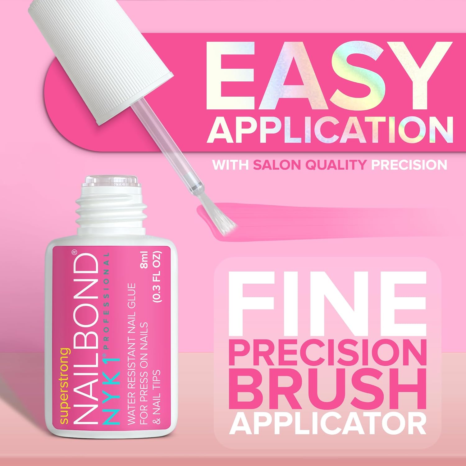 Super Strong Nail Glue for Press On Nails, Nail Tips & Acrylic Fake Nails (8ml) NYK1 NailBond Brush On Glue for Press Ons, Tips & Acrylics - Long Lasting, Maximum Strength, Mess-Free Application