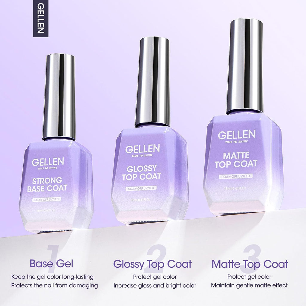 Gellen Gel Top Coat, 18ml 3pc Gel Base and Top Coat Matte and Glossy Top Coat for Gel Nail Polish,No Wipe Clear Gel Top Coat Gel Base Coat Nail Polish Soak Off UV Lamp Gel Polish Set for Starter