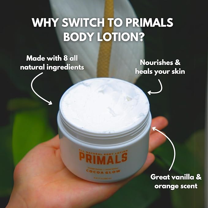 PRIMALS All Natural Body Lotion - Cocoa Butter & Mango Butter - 100% Naturally Derived Ingredients - Alcohol Free, Artificial Fragrance Free, Paraben Free, Petroleum Derivative Free - 8.45 oz