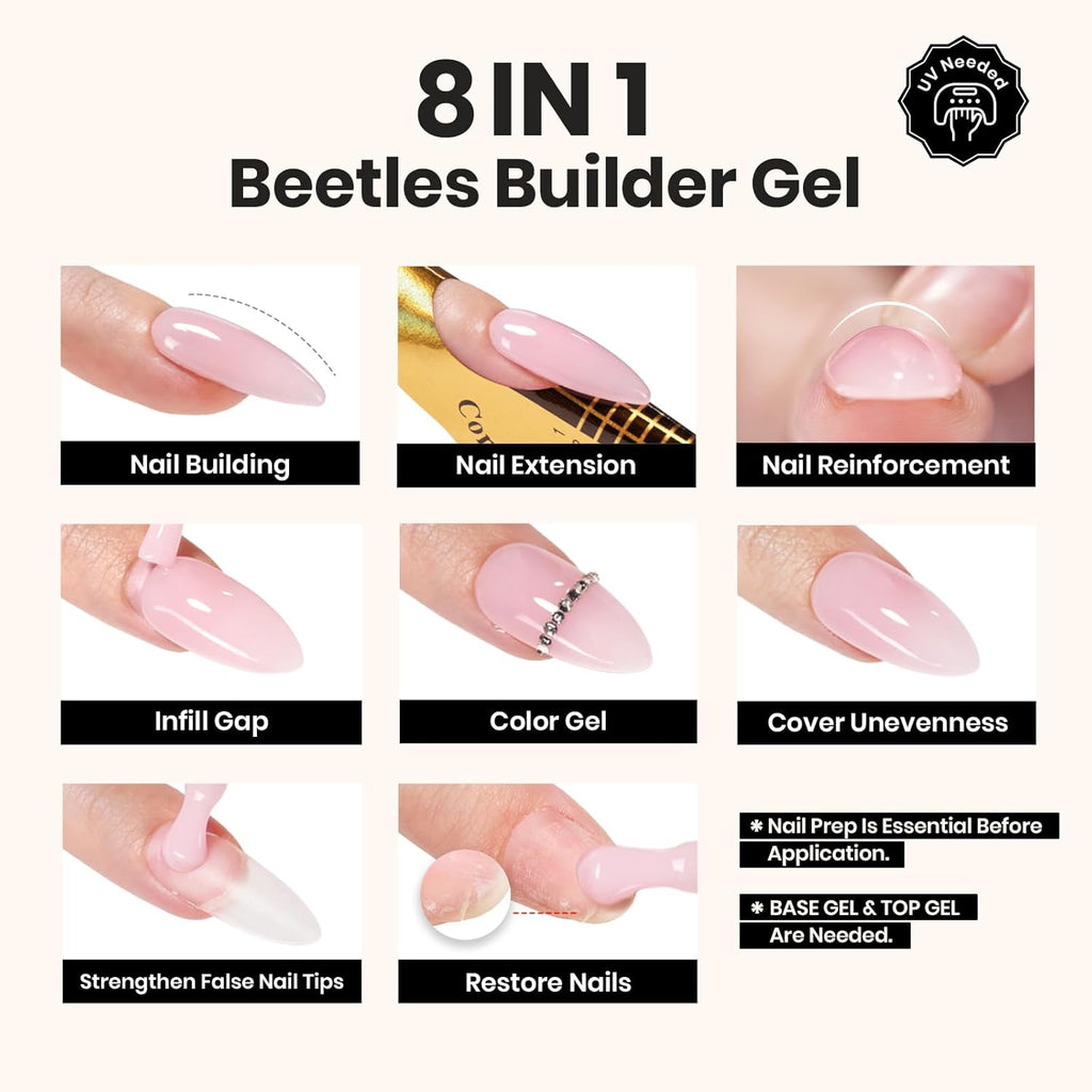 Beetles Builder Gel Set,3 Pcs 8 in 1 Nail Strengthening Apex Building Extension for Beginner DIY Salon at Home,Clear Builder Nail for Nails with Base and Top Coat Gel,UV & LED Lamp Needed