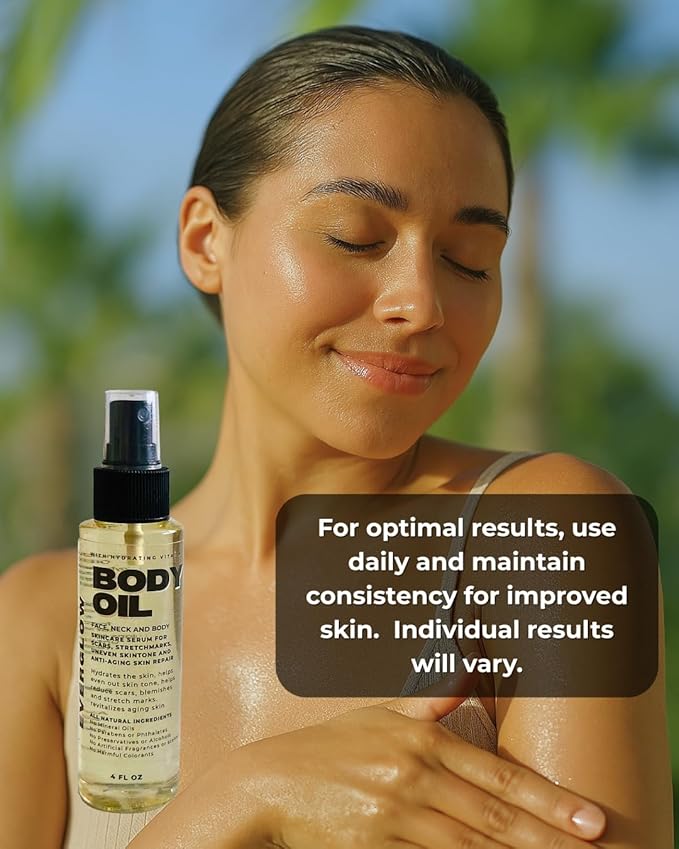 BODY OIL -Moisturizing Face, Neck and Body Skincare Serum for Scars, Stretchmarks, Uneven Skin Tone and Anti-Aging Skin Repair. All Natural 4oz Spray