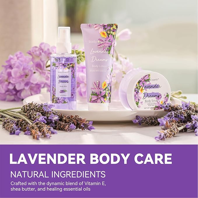 BODY & EARTH Body Mist Gift Set - Spa Gifts for Women, Perfume, Body Lotion, and Body Scrub in a Lavender Dreams Box- Perfect Birthday Gifts for Moms, and Special Occasions,Unique Gift Ideas for Her
