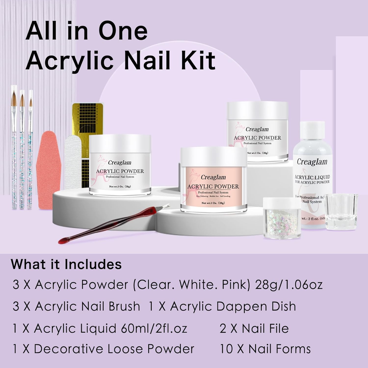 Acrylic Nail Kit for Beginners: 3 Colors 28g Nude Clear White Acrylic Nail Powder Professional Gel Glue - 1Oz Large Capacity Acrylic False Set witn 60ml Liquid and Brush Nail Forms Tools