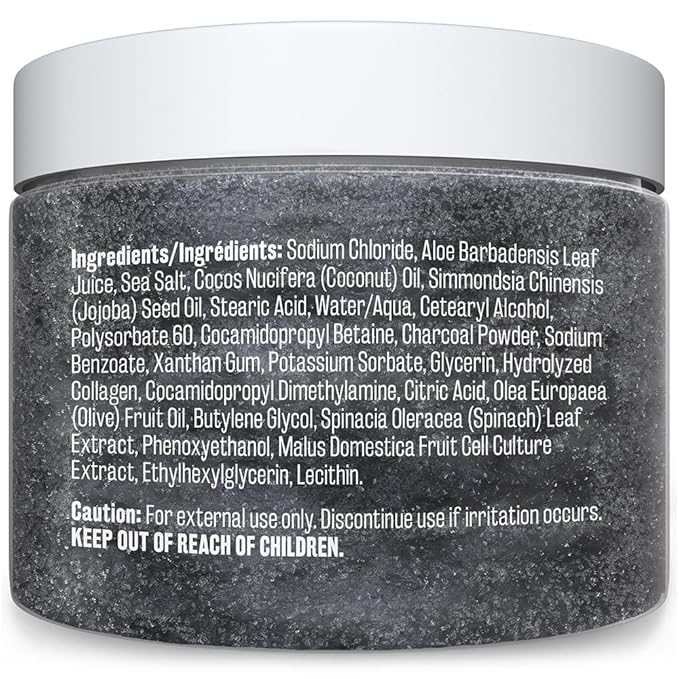Exfoliating Charcoal Scrub with Collagen & Stem Cells – Salt Scrub for Body Toning, Cellulite, Armpit Detox, and Skin Smoothing for Face, Feet, and Body by M3 Naturals.