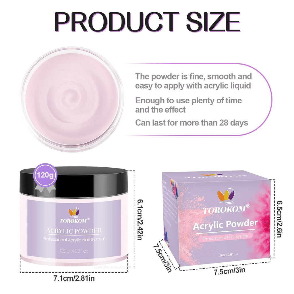 TOROKOM Pink Acrylic Powder, Acrylic Nail Powder Large Capacity Acrylic Dip Powder for Nails Self-Leveling Acrylic Extension Powders, 3D Nail Carving, Long-Lasting, No Nails Lamp Required, 120g/4.23oz
