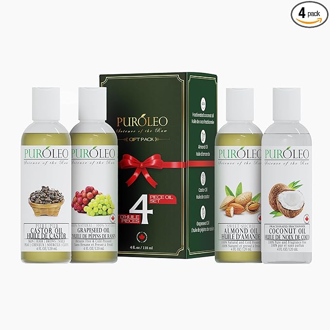 PURÓLEO Carrier Oil Gift Set- 4 Pack - Coconut Oil- Almond Oil - Castor Oil - Grapeseed Oil - 100% Natural Moisturizing Massage 4 Pc (4 Fl Oz)