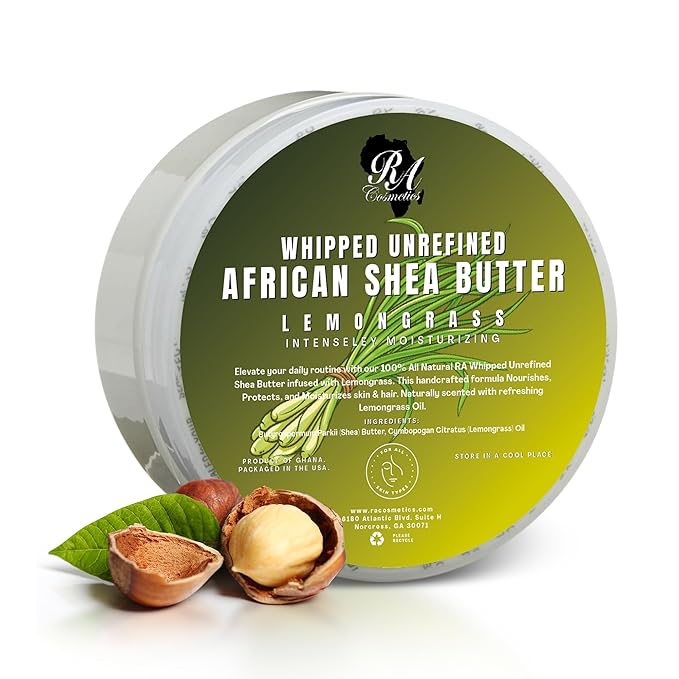 RA COSMETICS Whipped Shea Butter Lemongrass - 100% Pure and Natural African Shea Butter - Ultimate Handcrafted Moisturizer with Essential Vitamins for Radiant Skin and Luscious Hair - 6oz Jar