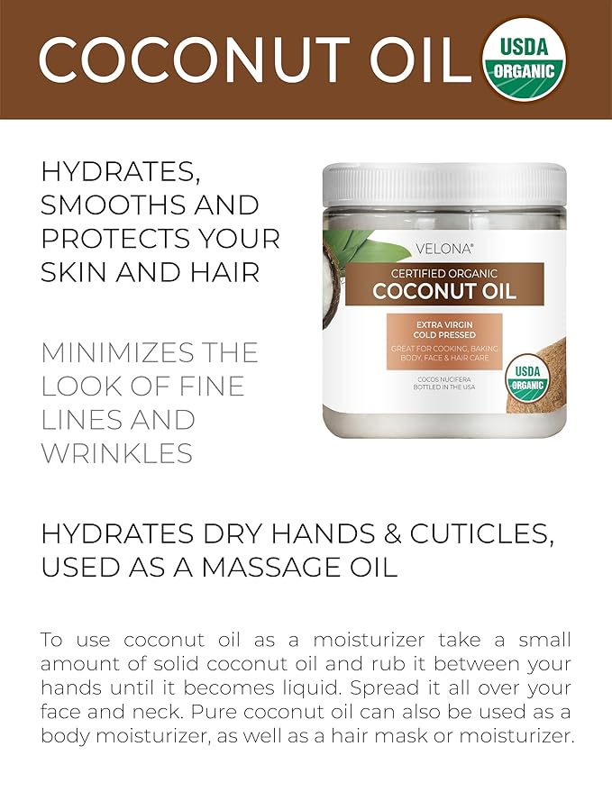 Velona USDA Certified Organic Coconut Oil Extra Virgin - 4 fl oz | Food and Cosmetic Grade | in jar | Extra Virgin, Cold Pressed
