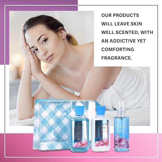 Bath and Body Gift Set for Women & Girls, City of Love Spa Set, Personal Self Care Travel Kit, 3PCS Set for - Shower Gel, Body Lotion, Body Mist- Birthday Mother's Day Gifts for Her