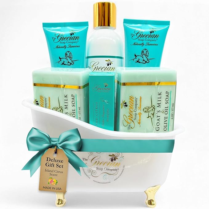 Deluxe Bathtub Gift Set, 6pcs Goat Milk & Olive Oil Skin Care Set, Birthday Gifts for Women, Bridal Shower Gifts, Gifts for Mom, Island Citrus Scent, Handmade in the USA