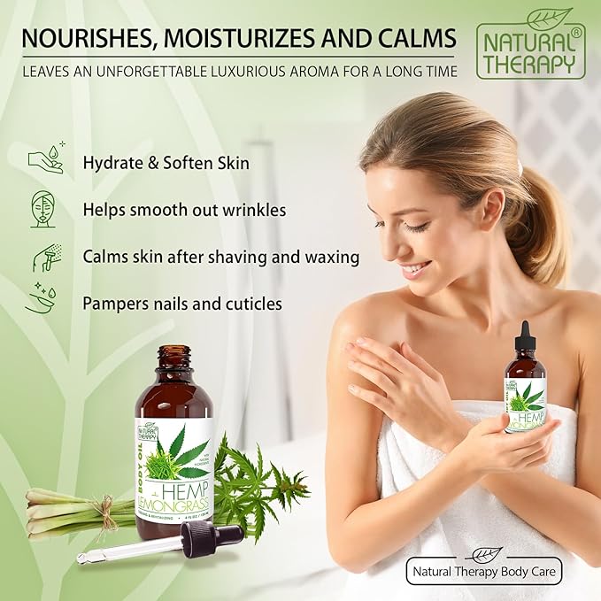 Natural Therapy Body Oil with Hemp & Lemongrass - Dry Skin Moisturizer and Hydrating Massage Oil - Increase Skin Elasticity and Provide Anti-Aging Support for Face and Body (4 fl.oz)