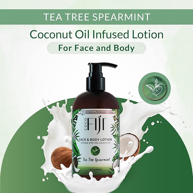 Coco Fiji Face & Body Lotion Infused With Coconut Oil | Lotion for Dry Skin | Moisturizer Face Cream & Massage Lotion for Women & Men | Tea Tree Spearmint 12 oz, Pack of 1