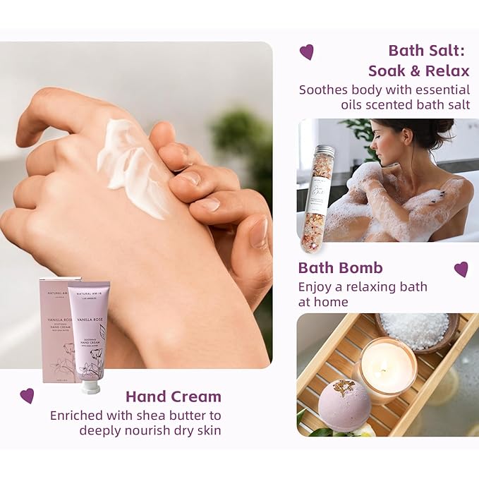 Rose Bath Spa Gift for Women,Handmade Spa gift for her, 5pc Bath & Body Gift Including Soap Bar, Hand Cream, Bath Salt, Soap Saver, Bath Bomb,Self Care Package by Natural Amor