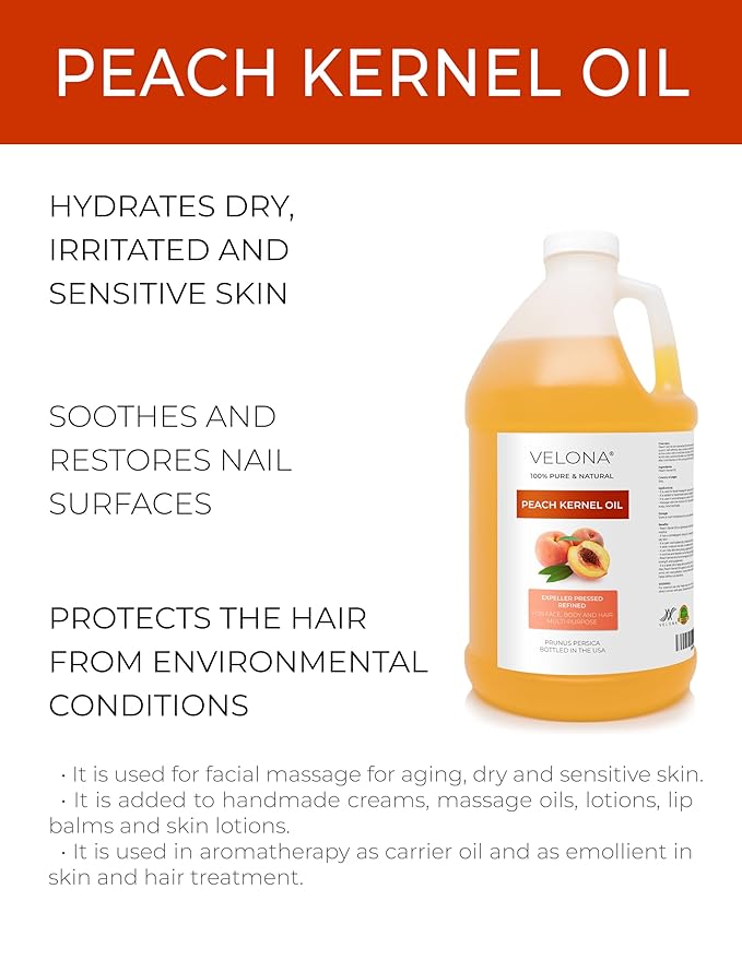 velona Peach Kernel Oil 1 Gallon / 128 Fl Oz | 100% Pure and Natural Carrier Oil | Refined, Cold pressed | Cooking, Skin, Hair, Body & Face Moisturizing | Use Today - Enjoy Results