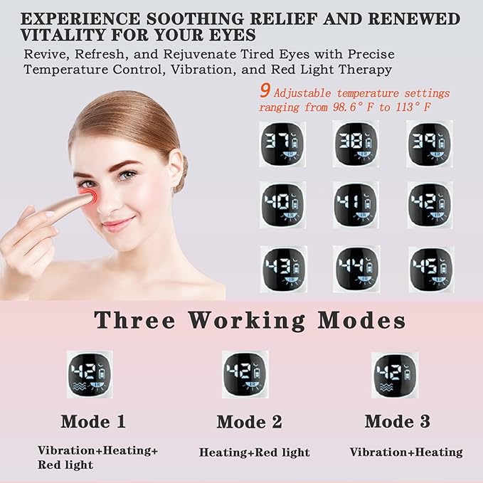 Eye Lift Wand, 3 in 1 Vibrating 98°F to 113°F LCD Eye Massager for Dry Eyes, Dark Circles and Puffiness, Face & Neck Lifting Tool for Fine Lines and Wrinkles, Rose Gold