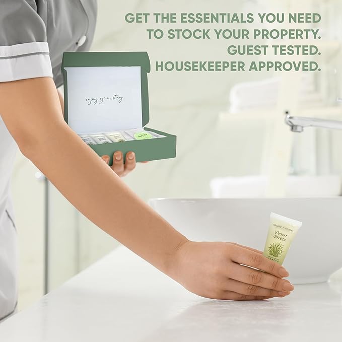 Desert Breeze Amenity Kit | Boxed Hotel Toiletries Bulk Set | 1 oz Shampoo, Conditioner, Lotion, Body Wash & Body Bar Soap | 15 Sets per Case