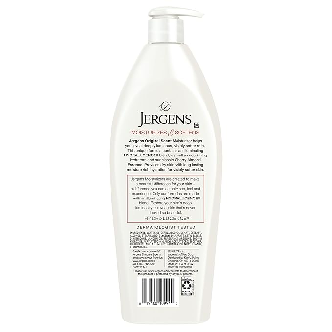 Jergens Original Scent Dry Skin Body Lotion, Hand and Body Moisturizer, Cherry Almond Essence, Dermatologist Tested, 21 Oz, Pack of 3