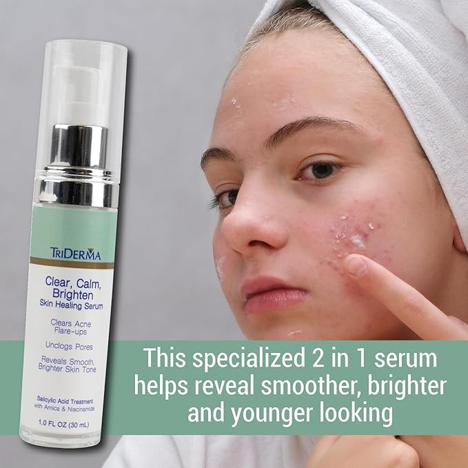 TriDerma Clear, Calm, Brighten Skin Serum with 2% Salicylic Acid and Niacinamide Reveals Smoother, Brighter, More Even Skin, Clears Acne Blemishes, Blackheads and Unclogs Pores, 1 oz